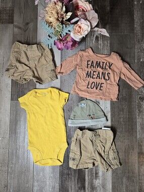 Carter’s Yellow Bodysuit, Tan Shorts & ‘Family Means Love’ Top – 5pc Bundle